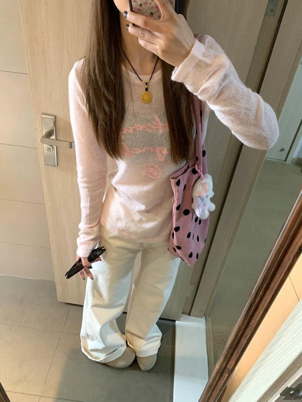 Pink three-dimensional embroidered long-sleeved knitted blouse for women in 2025 new summer slightly translucent thin slim top
