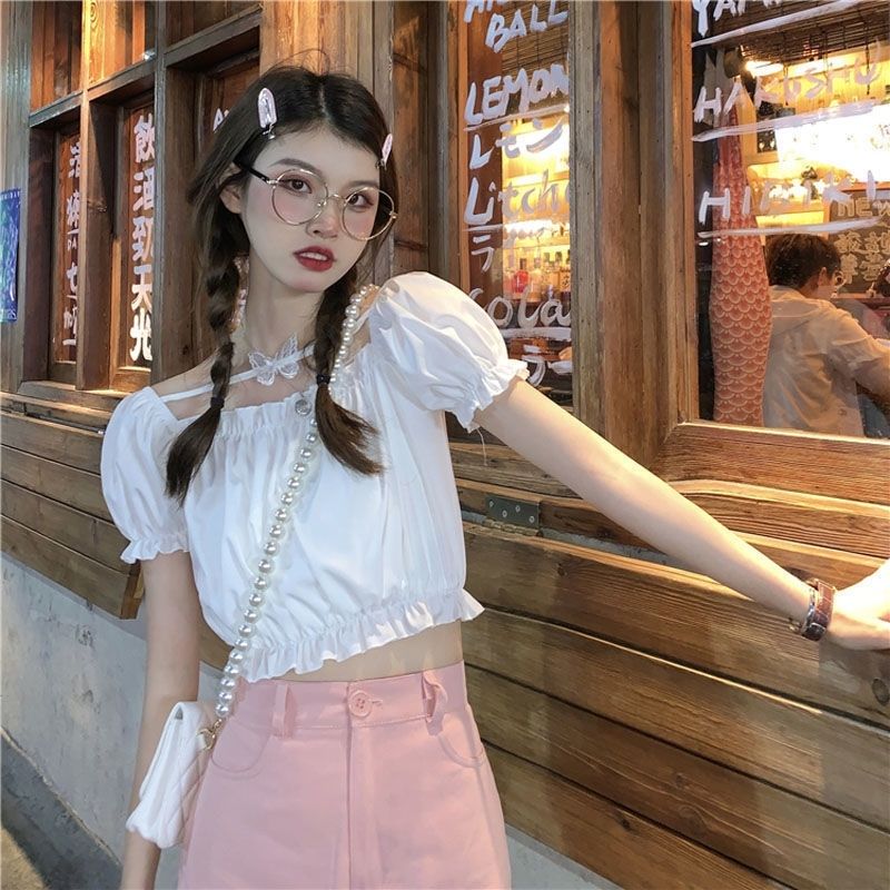 Sweet style butterfly patch short-sleeved wood earrings T-shirt for women 2025 new fashionable and versatile pleated small shirt fairy