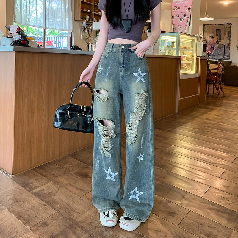 Real shot ~ American high street ripped jeans women's design retro loose bf lazy style wide-leg trousers