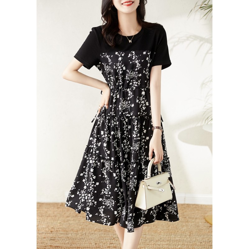 Xiaoxiangfeng printed A-line skirt 2025 summer new style small person with high-end feel and waist flowing dress