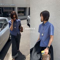 Retro blue plaid short-sleeved shirt for women Korean loose versatile tops for summer new retro casual shirt