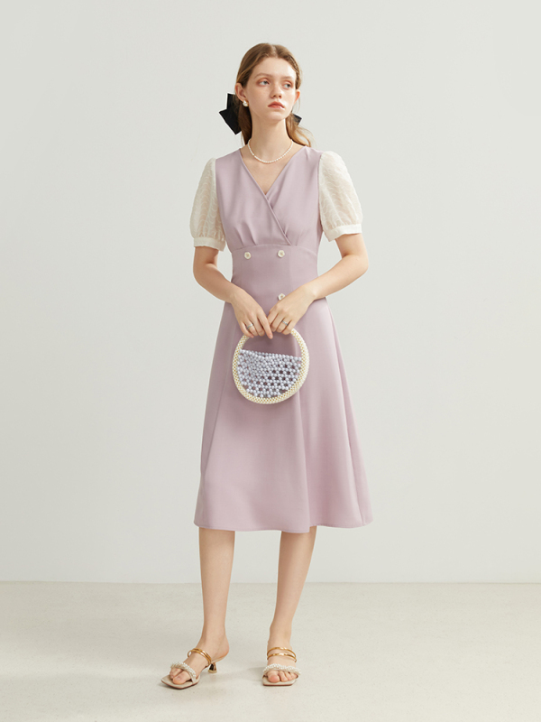 Original quality French elegant temperament spliced ​​slim dress 2025 summer new V-neck skirt for women