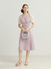 Original quality French elegant temperament spliced ​​slim dress 2025 summer new V-neck skirt for women