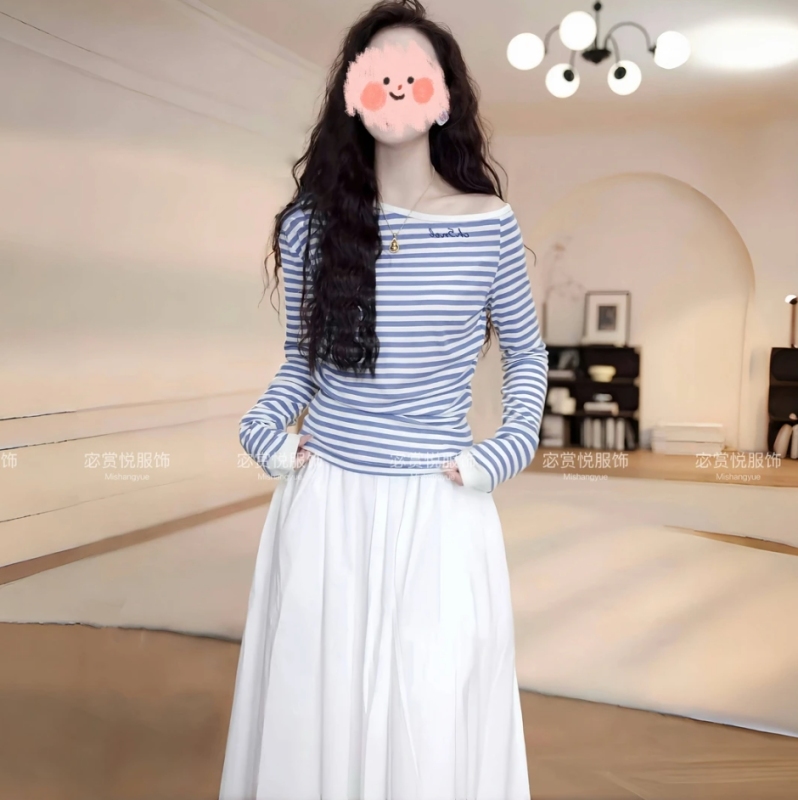 2025 spring and summer new summer design slanted shoulder irregular striped long-sleeved T-shirt for women versatile display top