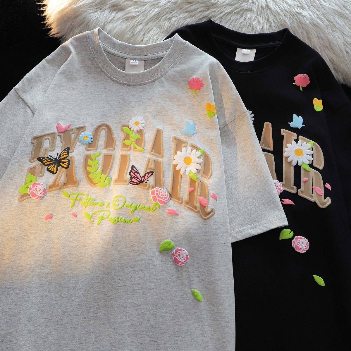 2025 summer foam printing 220g pure cotton combed tight thread collar + back pull shoulder