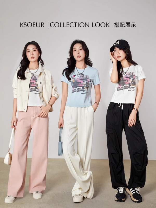 2025 summer new American printed hot girl T elastic knitted two-color printed pattern short-sleeved T-shirt for women