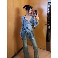 American retro style tie-dye V-neck mesh long-sleeved T-shirt for women with thin niche design and sexy hot girl slim top