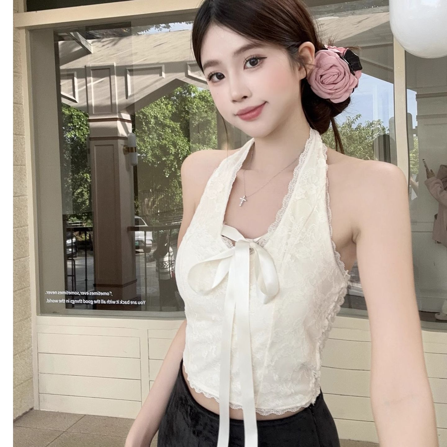 2025 new bow strap lace suspender vest for women, summer sweet hot girl sexy neck halter and beautiful top