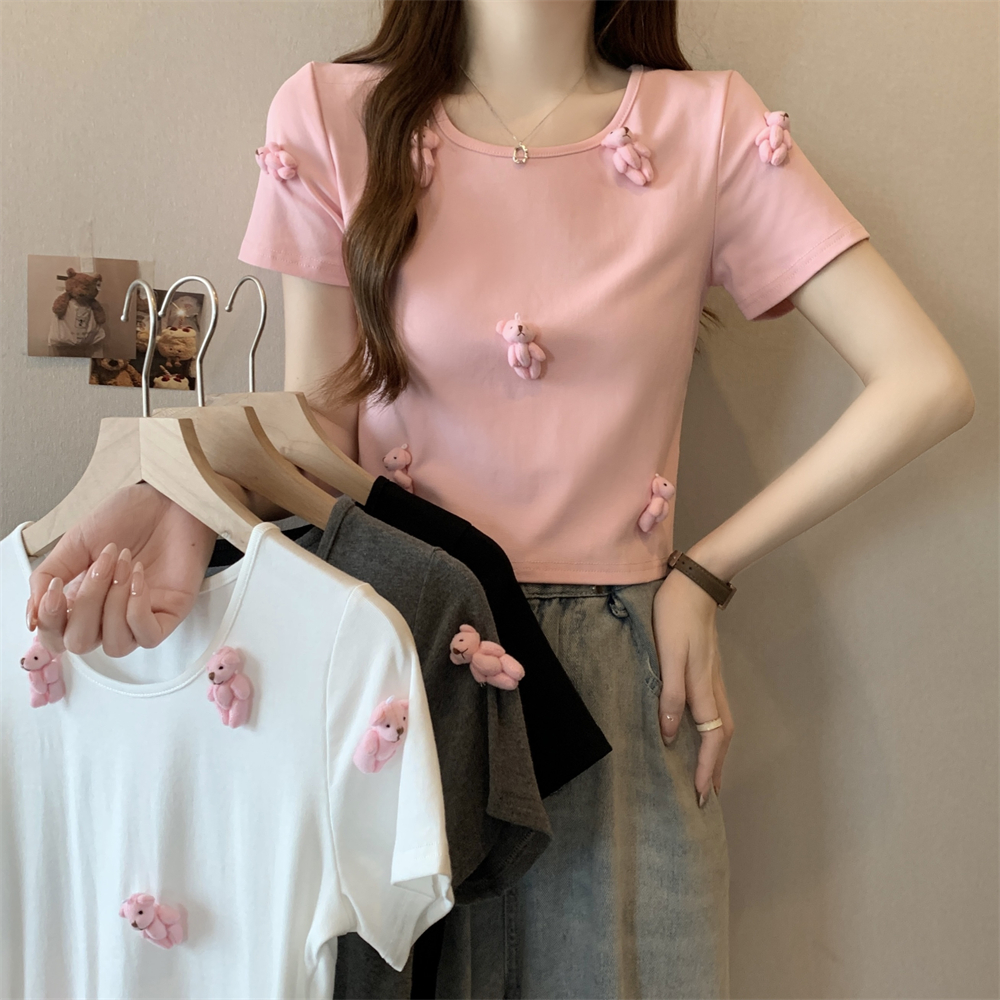 Real shot 40 pure cotton 210g 92 cotton/8 spandex short-sleeved T-shirt women's stand-up pin body bear