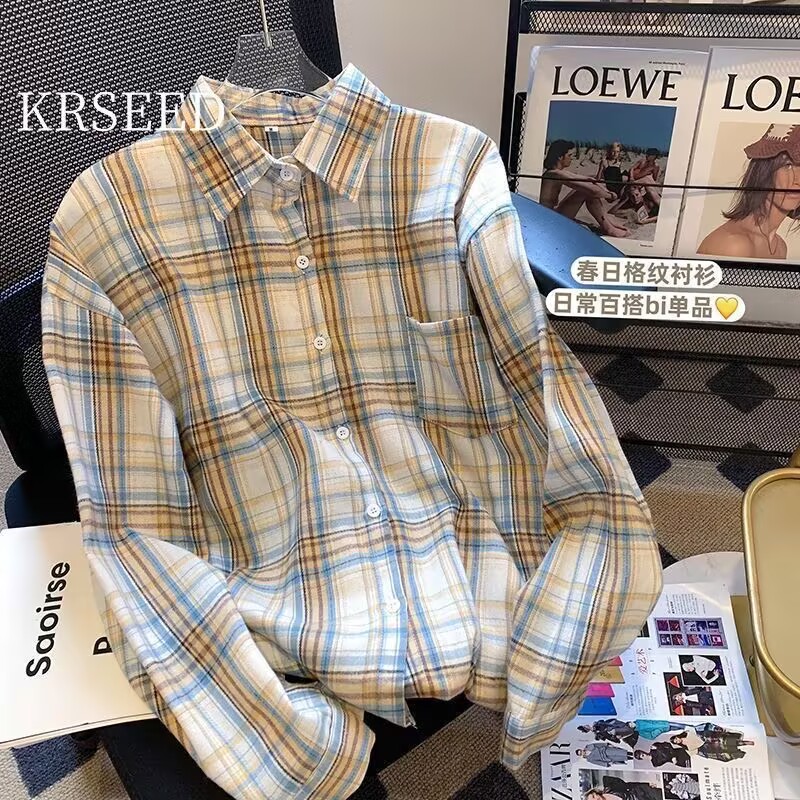 American retro plaid shirt for women early autumn loose thin shirt jacket small Korean style long-sleeved top