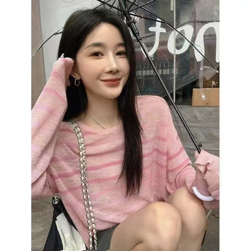 Zhang Beibei ibell high-string striped gradient sunscreen sweater women's design sense casual loose round neck top summer