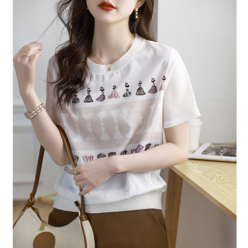 Real-life French-style romance!  14 Mummi crepe T~Mulberry Silk Short Sleeve T-shirt for Women 2025 Summer New Style