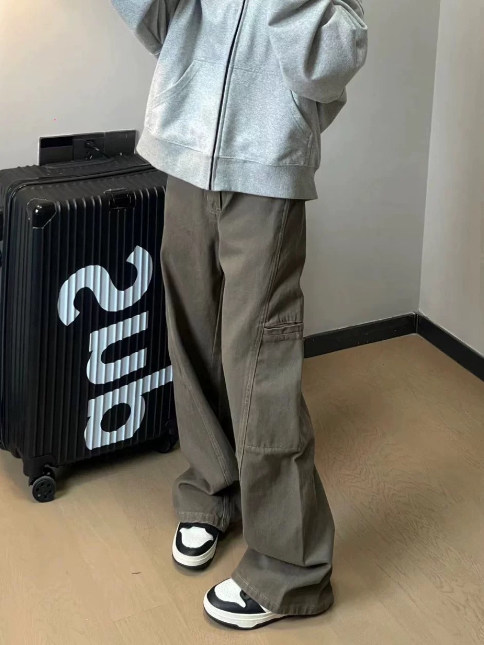 Cement grey American loose wide-leg work pants for women in spring and autumn 2025 new retro high waist straight jeans