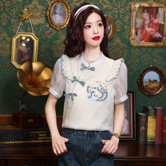 Real shot of 2025 summer new shirt, Chinese style shirt, heavy industry embroidered short-sleeved top chiffon shirt