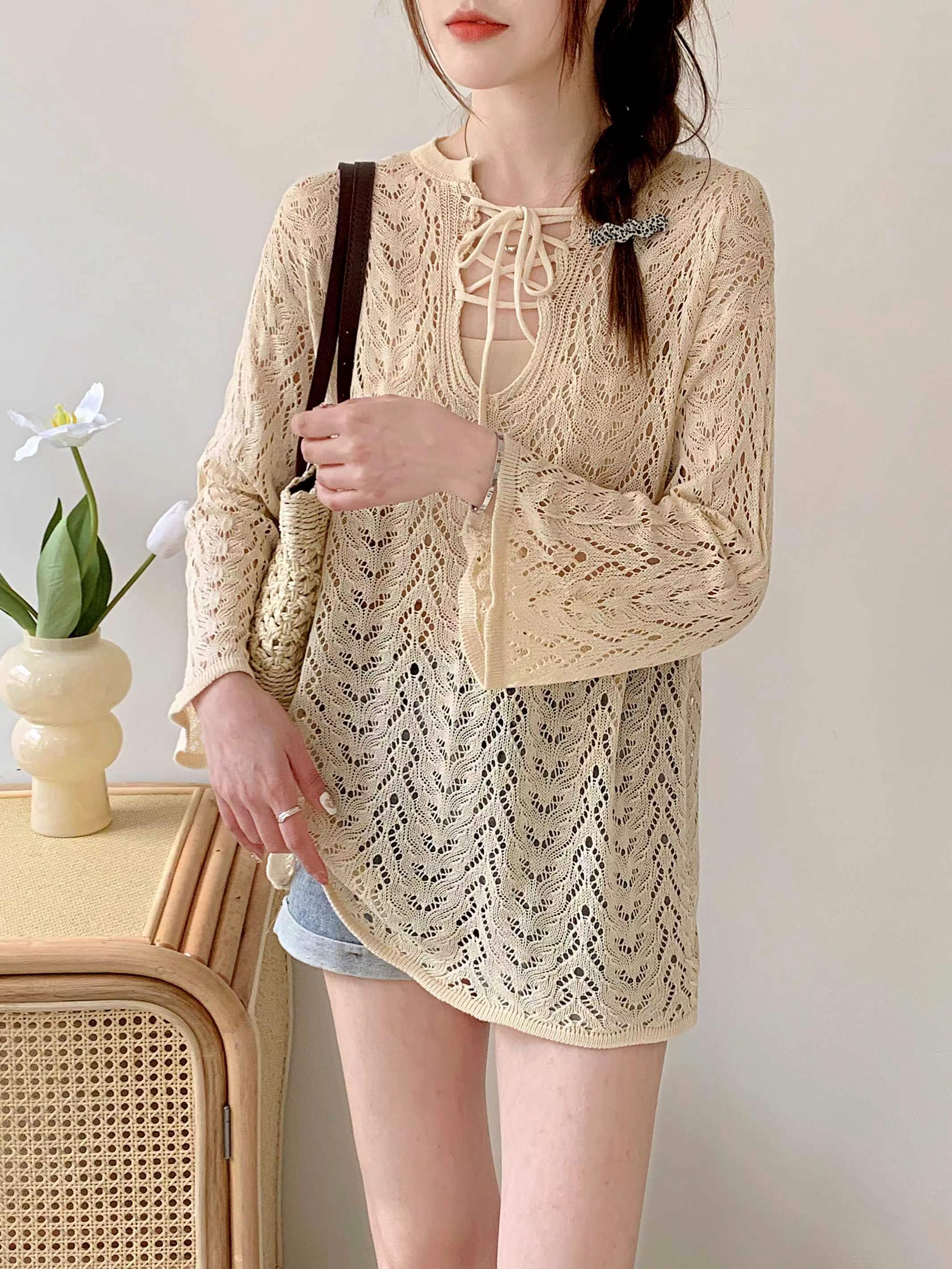 Maxixi large-size spring outfit atmosphere hollow long-sleeved sweater slightly fat mm loose and versatile sunscreen top