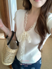 Korean strap lace lace v-neck short sleeve knitted T-shirt for women in summer sweet pink slim short pure blouse