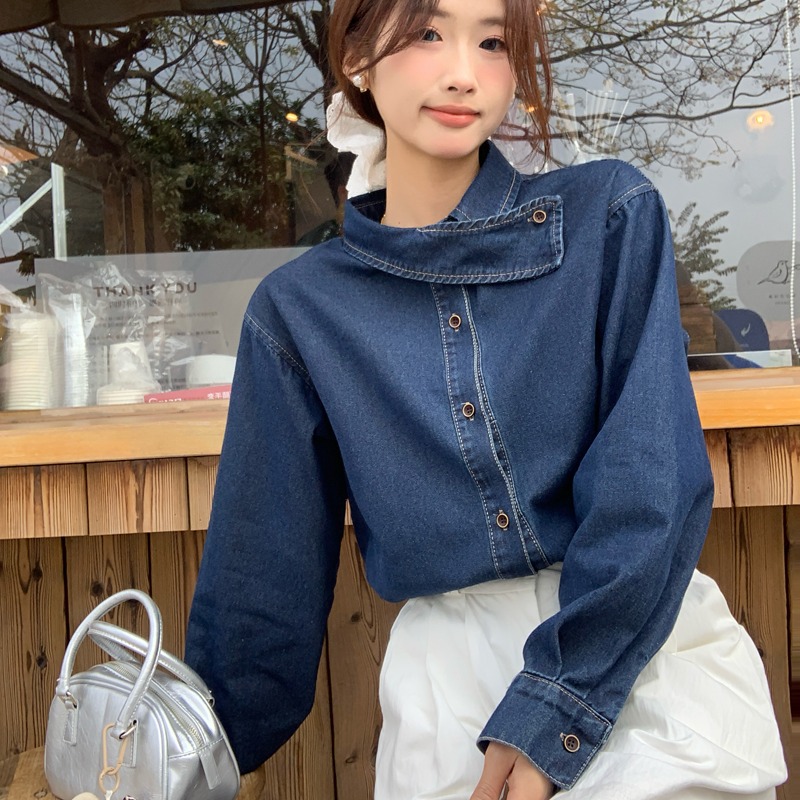 Korean spring new niche and chic layered long-sleeved top French design sense shoulder washing denim shirt for women