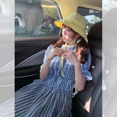 Yingzi Oni Korean version waist-hugging blue mid-length short-sleeved dress for women vacation retro plaid A-line temperament long skirt