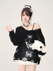 Hot Girl Butterfly Print Hollow New Long Sleeve Spring Lazy Sweater Loose and All-match Top Knitted Sweater Women