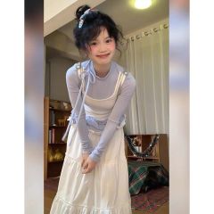 Free-cut two-piece long-sleeved T-shirt for women with pleated lace suspender inner bottom shirt top