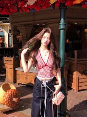 50% Cotton Red Striped Lace Edge Halter Backless Top for Women Summer Outerwear V-Neck Pure Desire Style Top