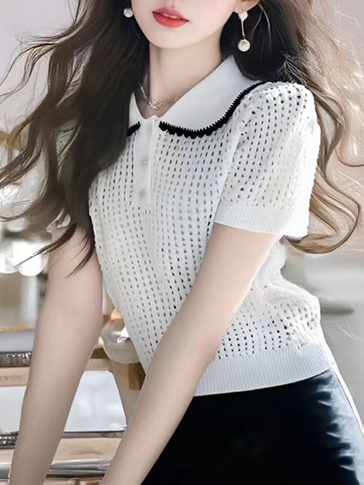 Korean white knitted short-sleeved women's clothing 2025 spring new light luxury high-end small short T-shirt top