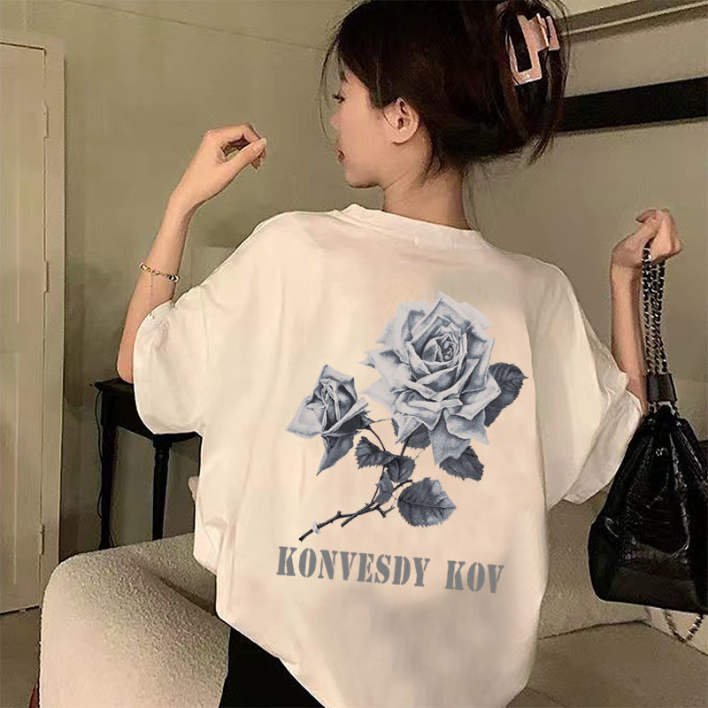 Rose printed short-sleeved T-shirt for women in summer new style design, age-reducing fashionable niche half-sleeved top trendy