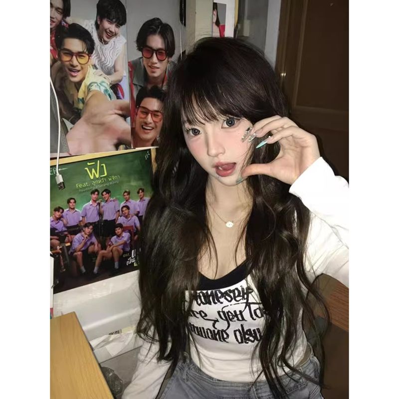 +Original method of waist-closing pure erotic top-style hot girl U-neck white shoulder long-sleeved T-shirt