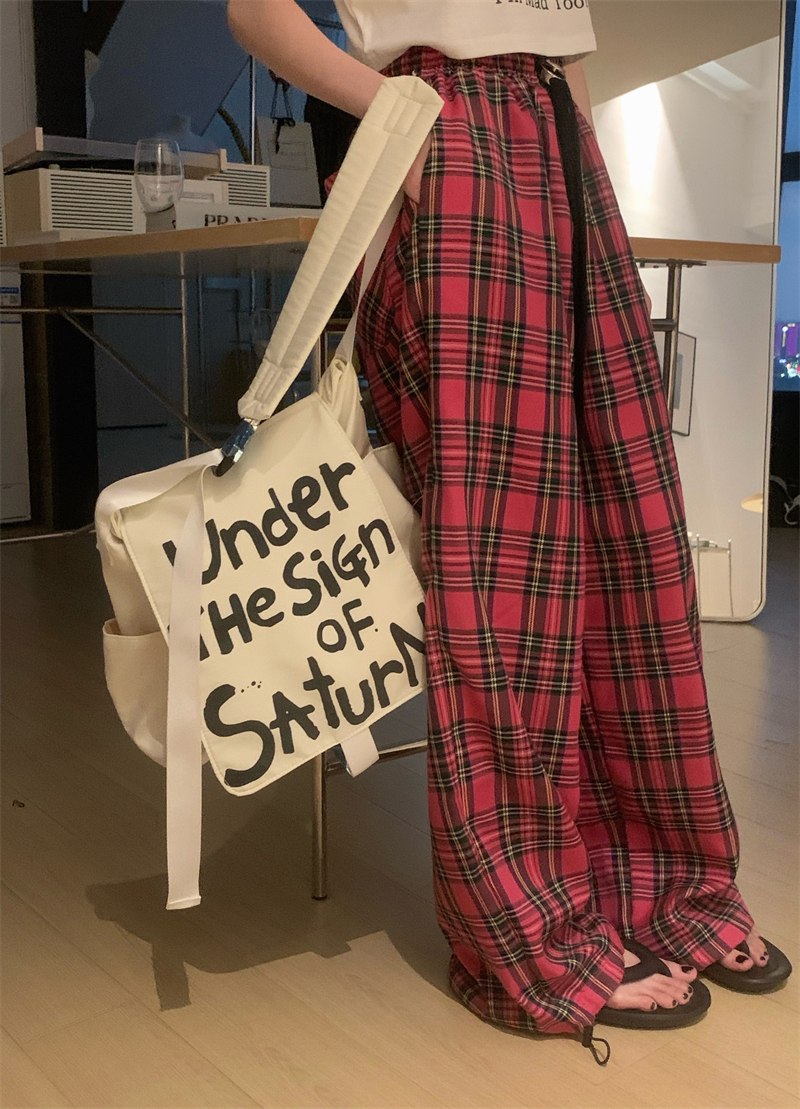 Real shot of fashionable craft drawstring colorful plaid wide-leg elastic waist casual pants