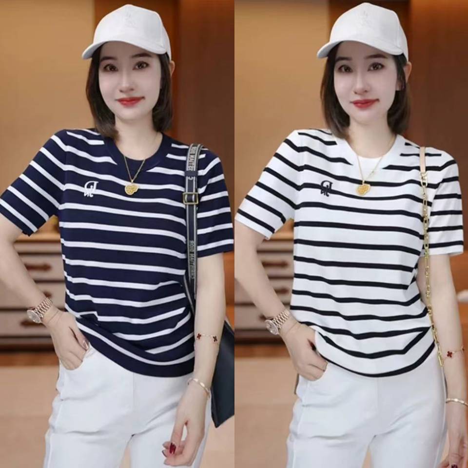 Fashionable contrasting striped short-sleeved sweater for women in 2025 summer new high-end fashion slim base top