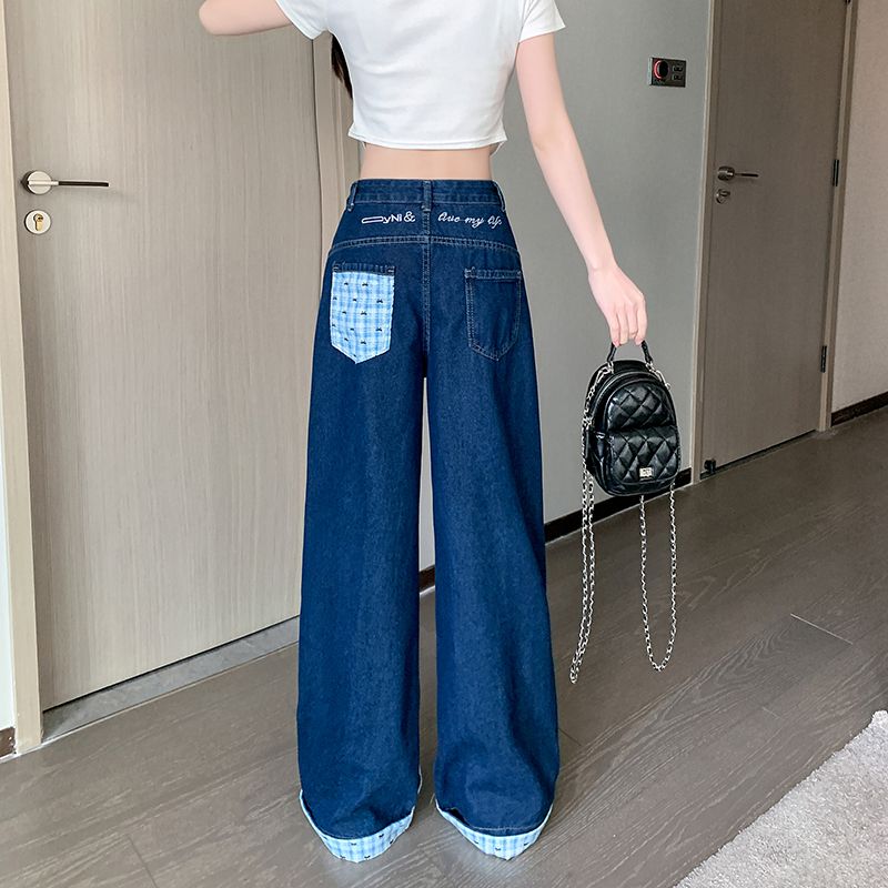 Real shot ~ American retro plaid spliced ​​jeans for women's spring embroidered pants loose wide-leg floor pants