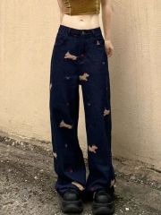 American retro dark blue puppy embroidered wide-leg jeans women's high waist loose straight pants