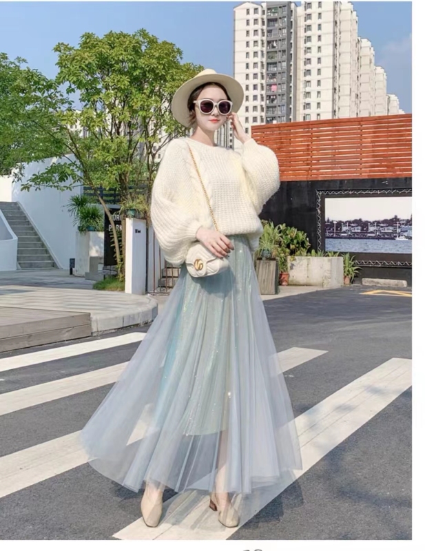 Glitter mesh skirt for women with high waist A-line skirt for mid-length winter sweater skirt for gauze skirt