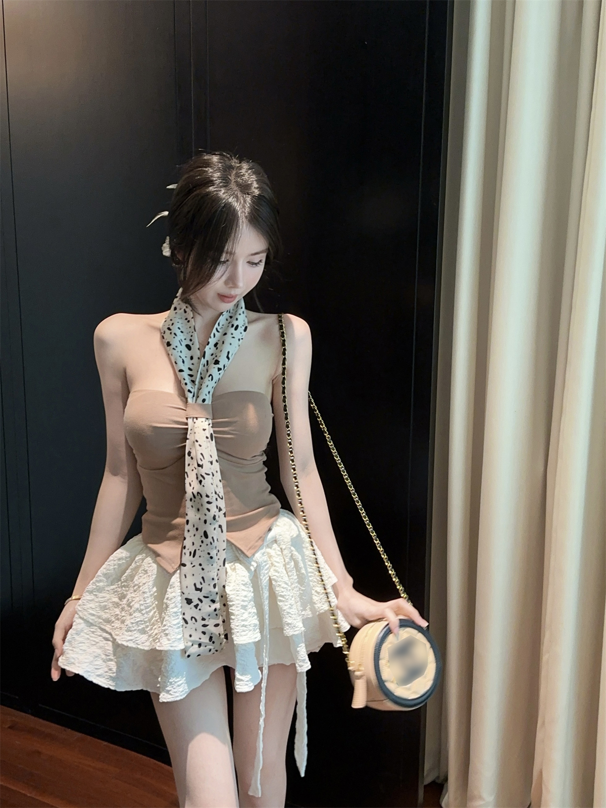 Real shot of leopard scarf tube top + ruffled cake skirt suit for women