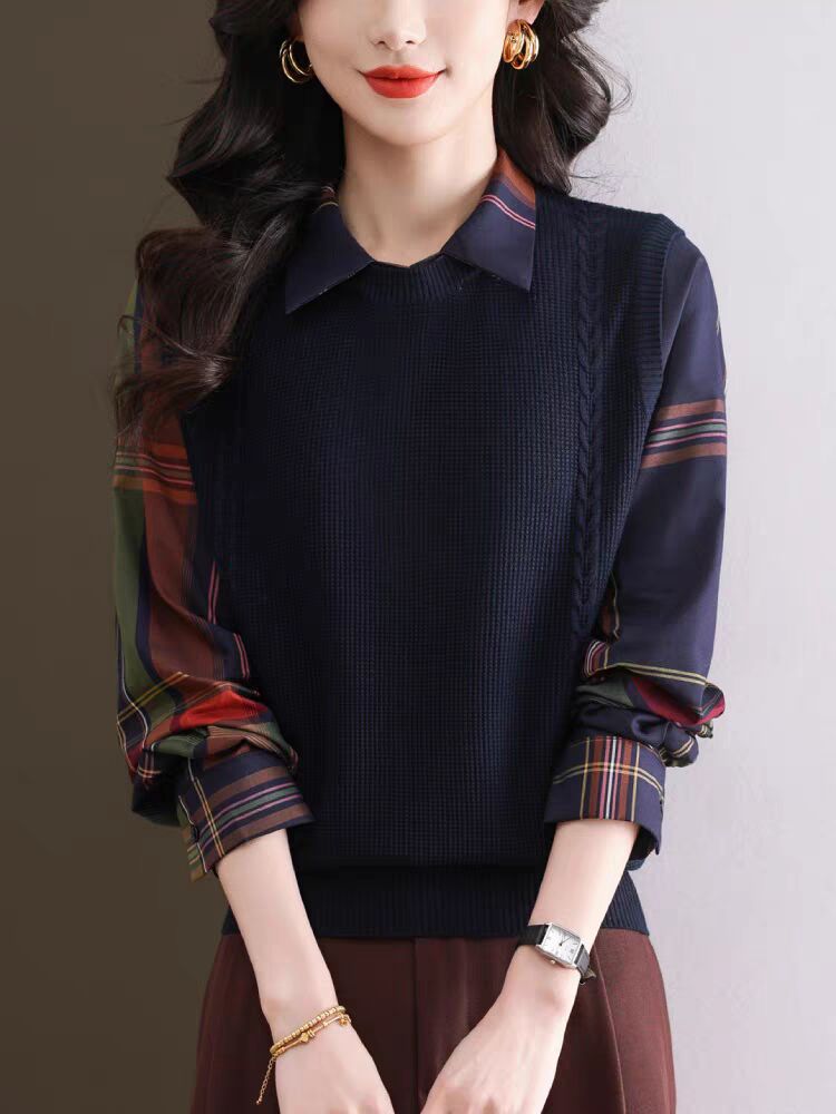 Fake two-piece sweater for women 2025 spring new lapel top niche design contrast color plaid sweater