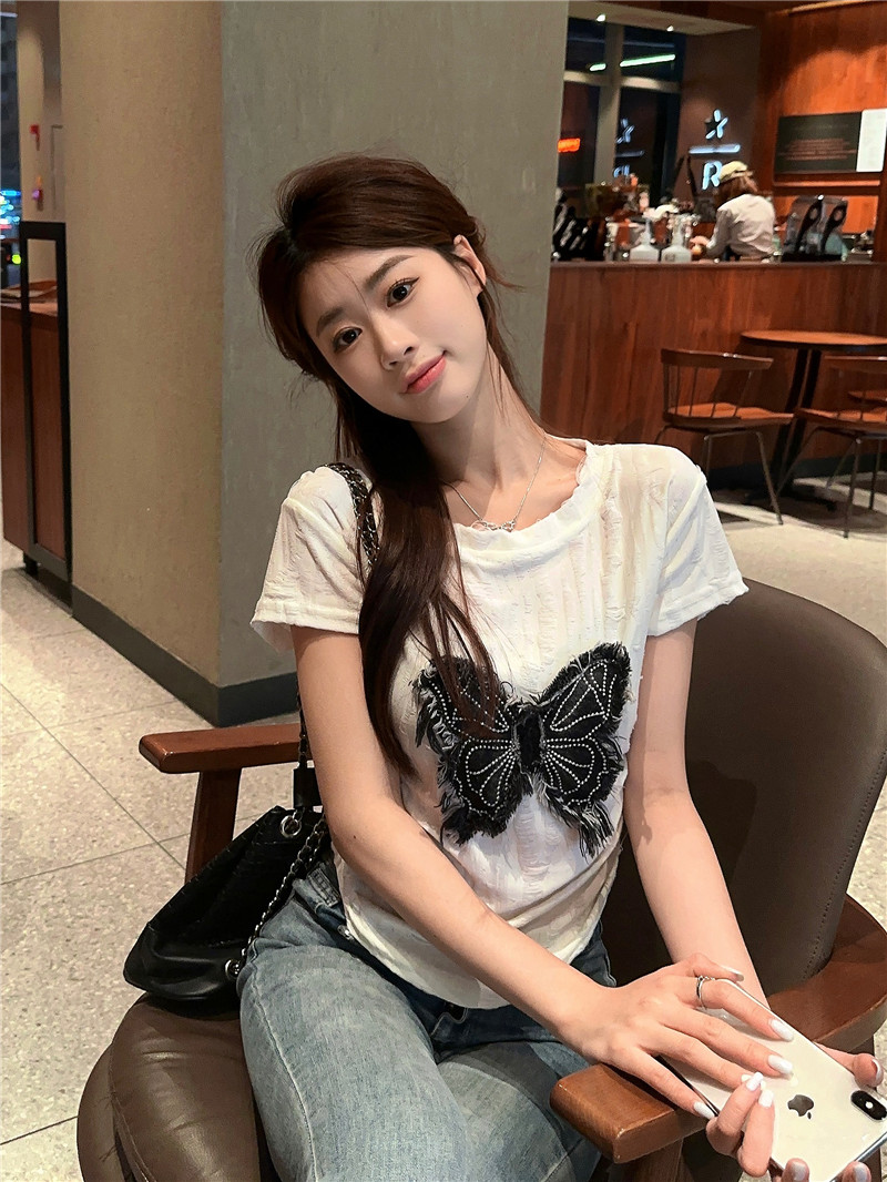 American retro butterfly short-sleeved T-shirt 2025 summer new women's ripped design slim top