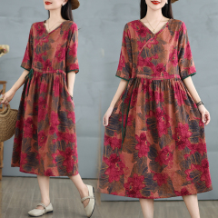 實拍 2025高端原創印花連衣裙女抽繩收腰過膝大擺苧麻長裙女