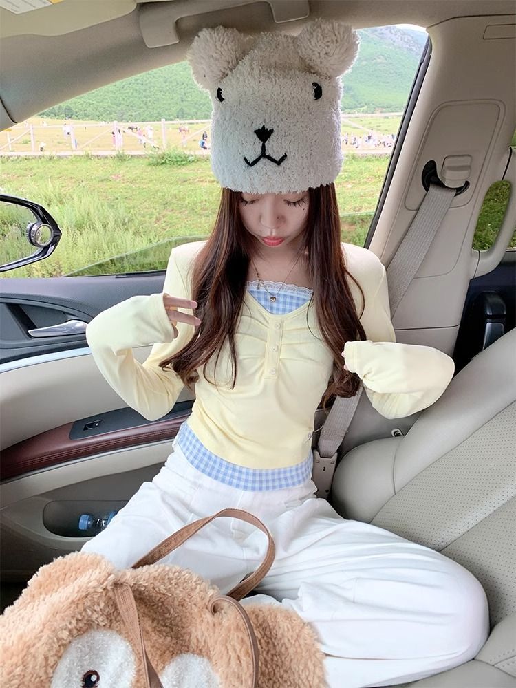 Korean design lace plaid lace spliced ​​long-sleeved T-shirt for women