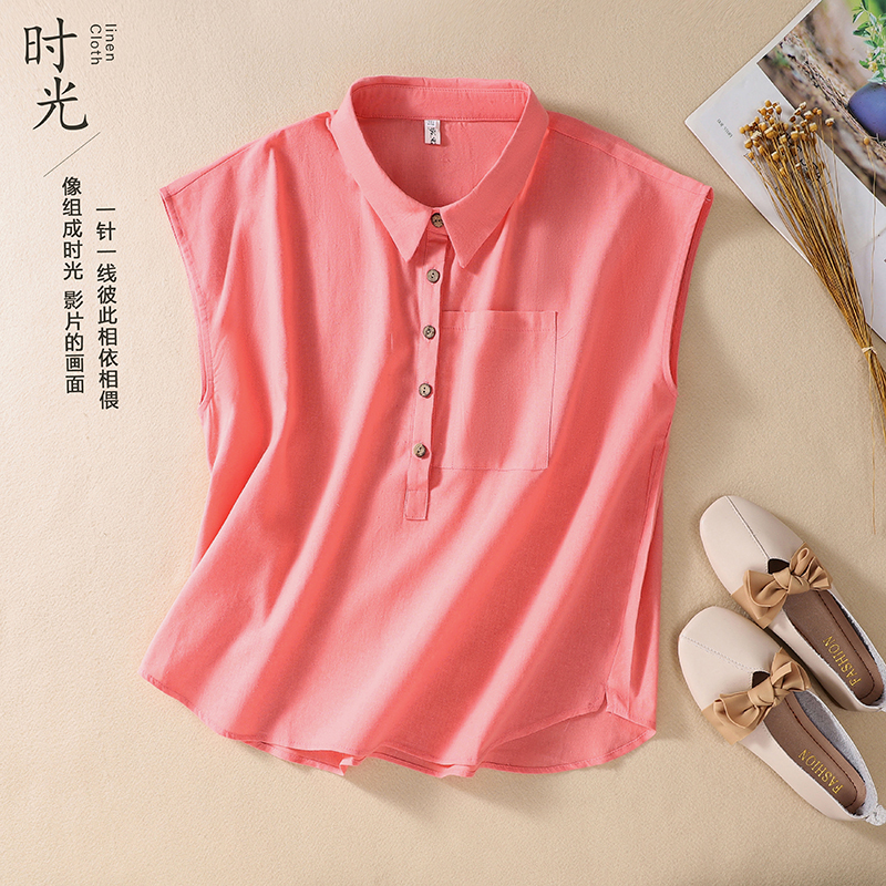 Real photo of literary cotton and linen women's summer new shirt Korean large size slim and loose casual shirt for women