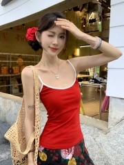 Real shot~ American hot girl vacation style suspender retro printed skirt high-end hip-covered long skirt suit