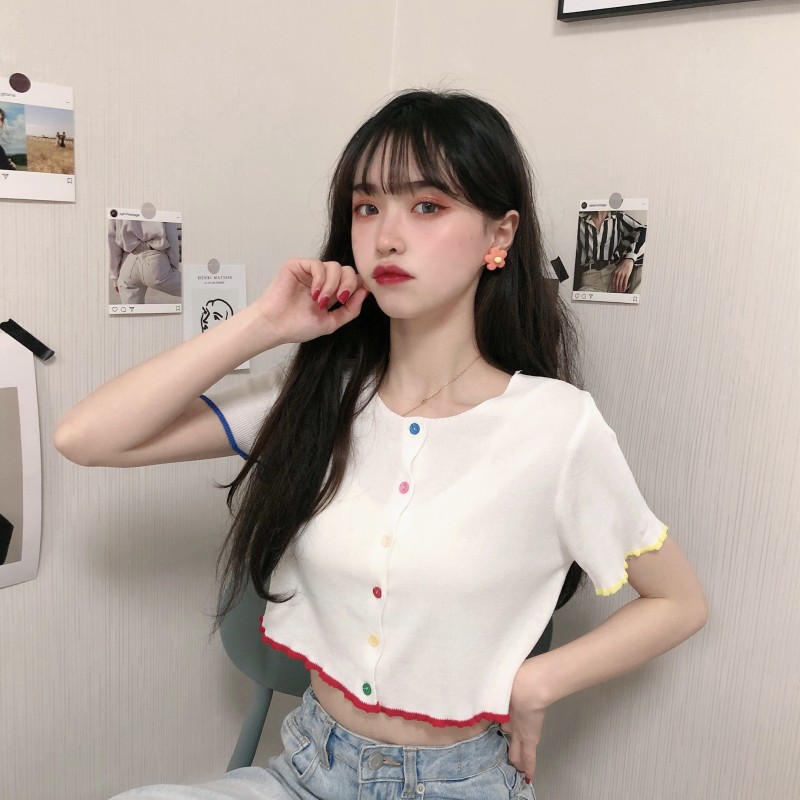 已出貨 夏裝韓版泫雅風設計感修身顯瘦很仙的短款短袖針織衫女裝