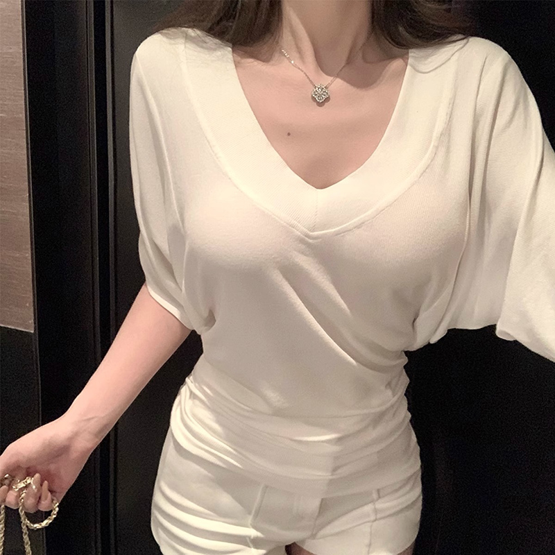 Official picture 260 grams of cotton 2*2 threads, large V-neck, shoulder T-shirt, women's short-sleeved summer bat sleeve shirt top
