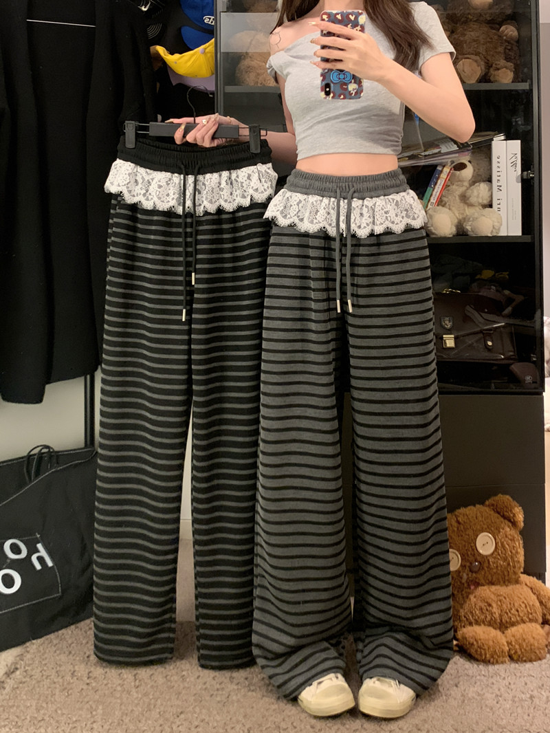 Real shot of lazy style drawstring spliced ​​lace straight pants versatile slim striped knitted casual trousers for women