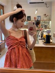 復古格子小吊帶外穿抹胸背心女純欲風夏季甜辣妹收腰無袖小衫上衣