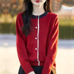 春季新款圓領洋氣拼色羊毛針織開衫女士寬鬆外搭毛衣外套春秋