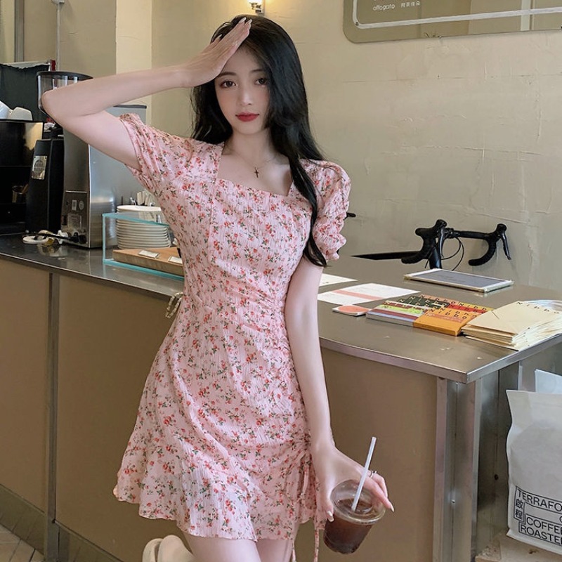 Floral skirt gentle style ins women's summer chic design artistic skirt Korean style cunt ink dress