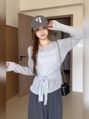 French hollow strap long-sleeved sweater for women early spring 2025 new waist-hugging style high-end blouse top