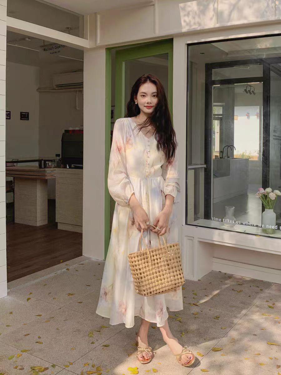 Gentle style printed Tiansi dress for women 2025 spring French design long sleeve slim long skirt fairy