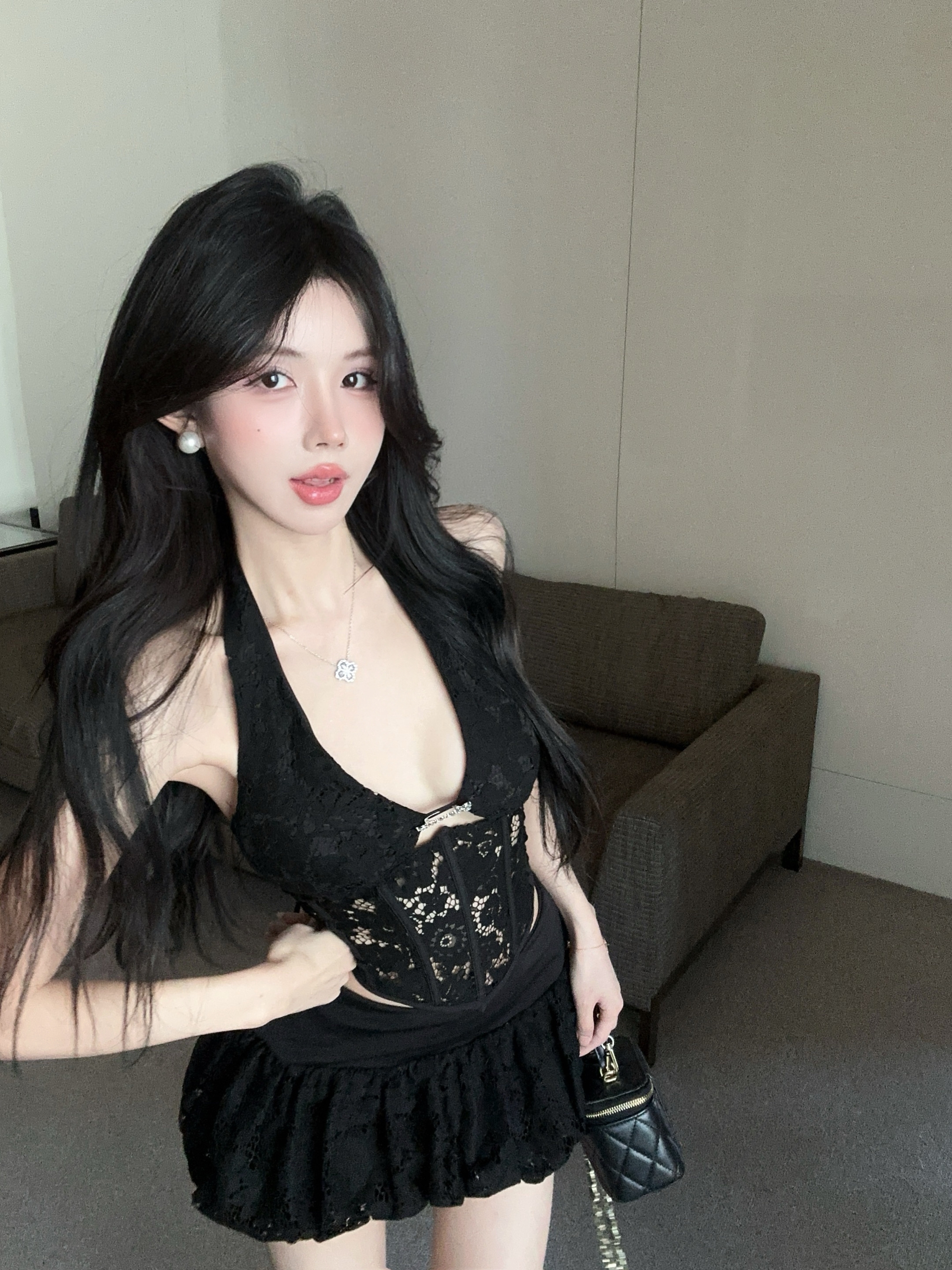 Real shot of sexy backless hanger neck lace hollow vest high waist fluffy skirt