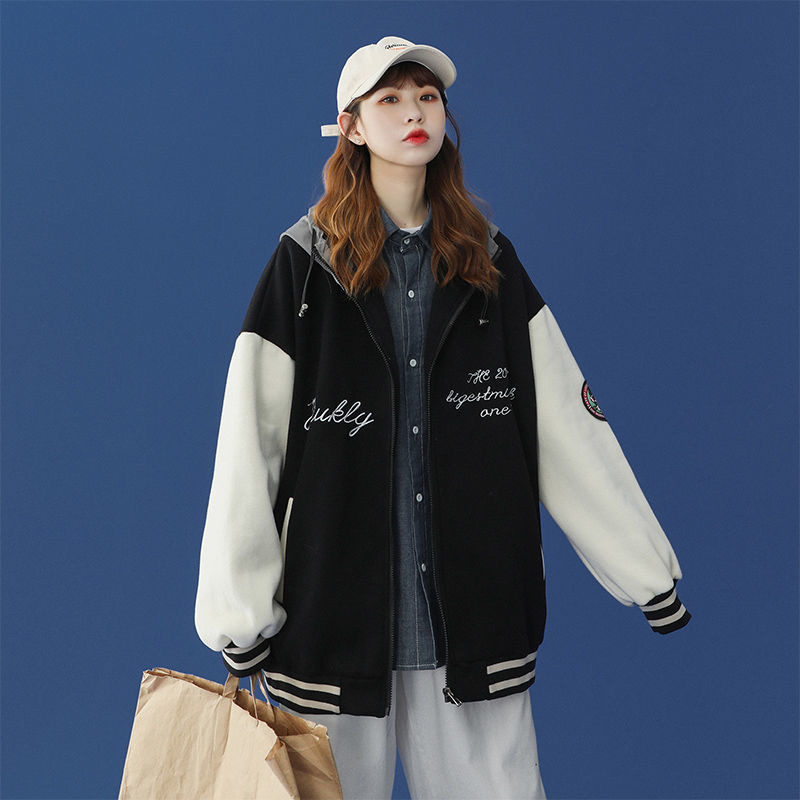 Compound plus velvet thickened autumn and winter new Korean embroidered cardigan sweater women's tops ins trendy